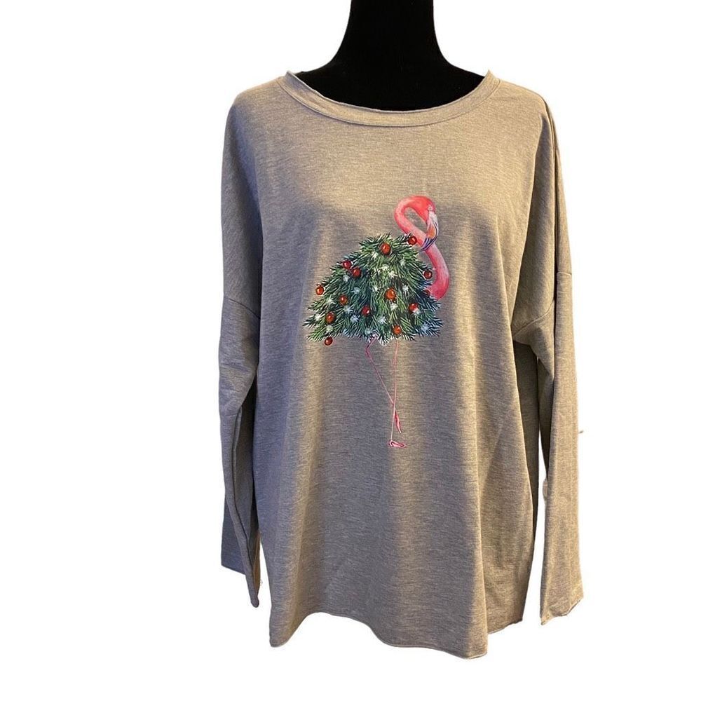 Pink Flamingo Christmas Tree‎ Holiday Lightweight Top Size L NWOT